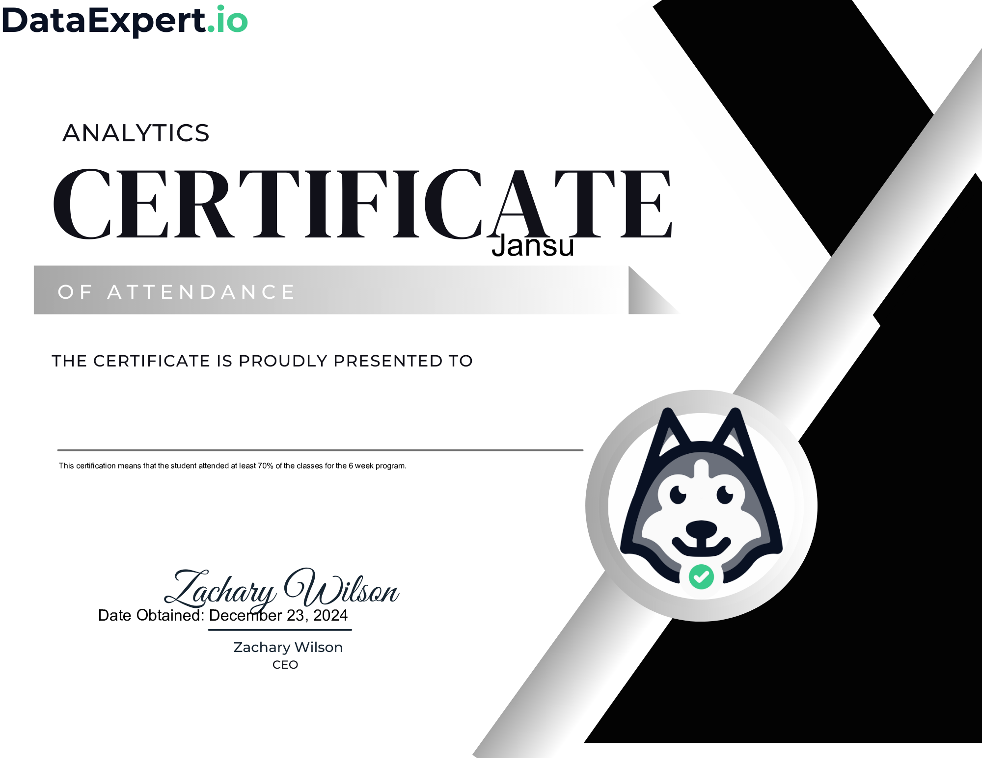 Jansu - DataEngineer.io Analytics Attendee Certification