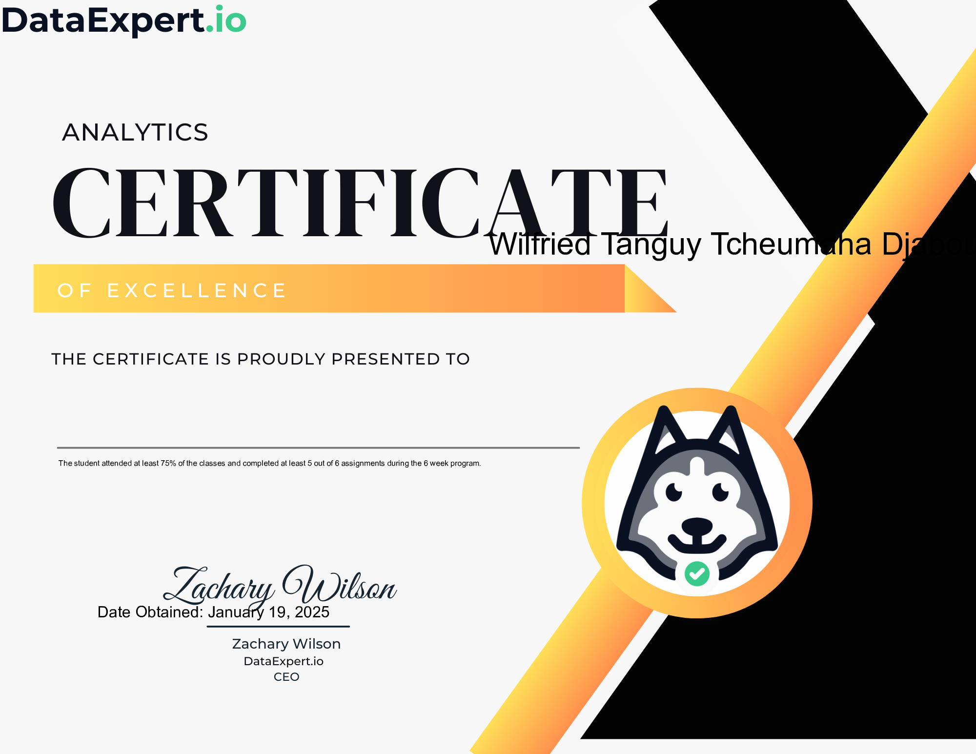 Wilfried Tanguy Tcheumaha Djabou - DataEngineer.io Analytics Excellence Certification