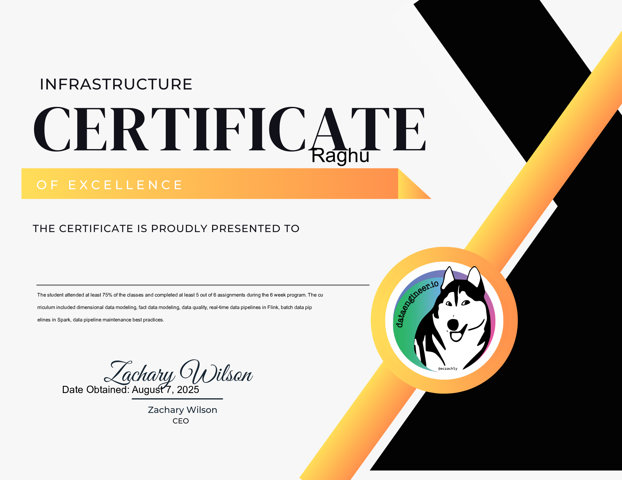Raghu - DataEngineer.io Infrastructure Excellence Certification