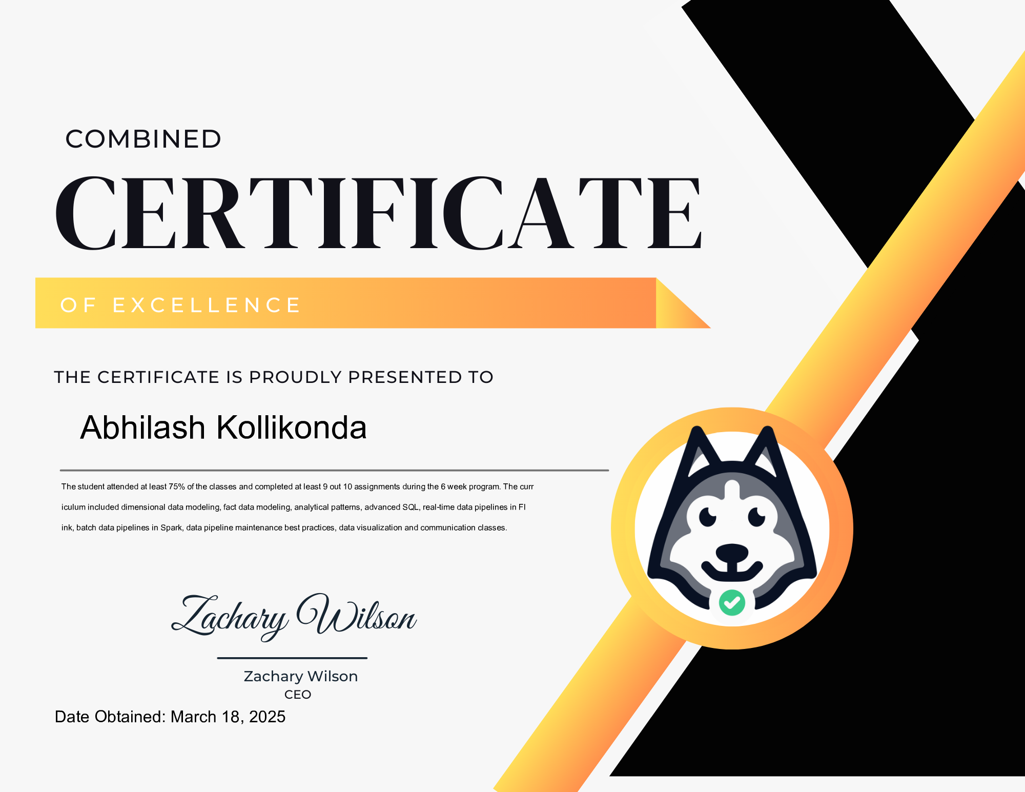 Abhilash Kollikonda - DataEngineer.io Combined Excellence Certification