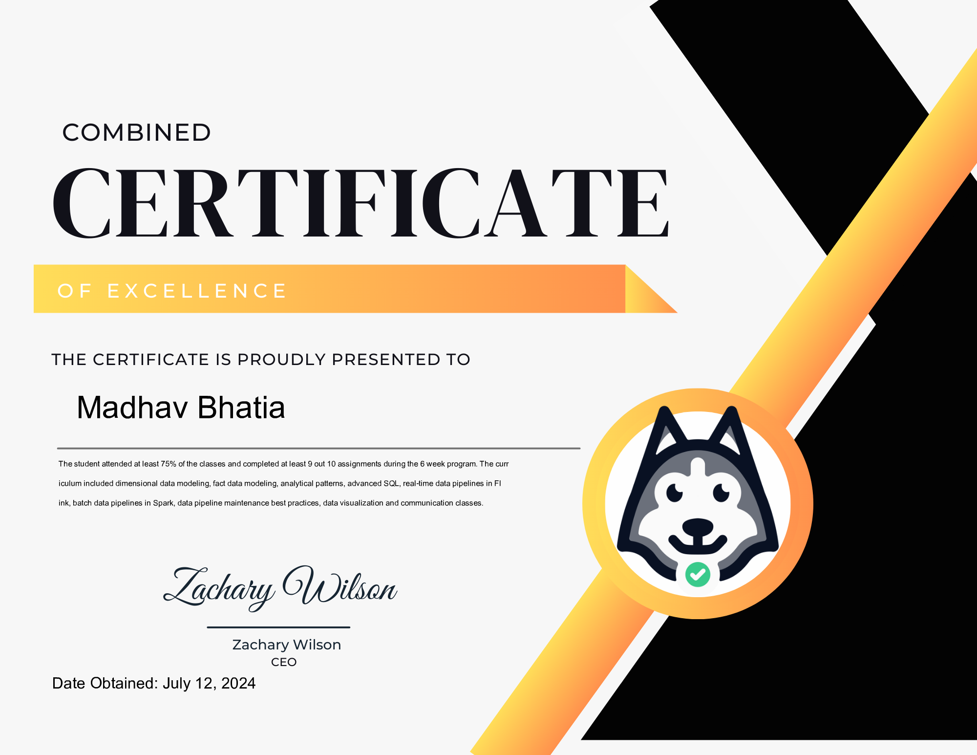 Madhav Bhatia - DataEngineer.io Combined Excellence Certification