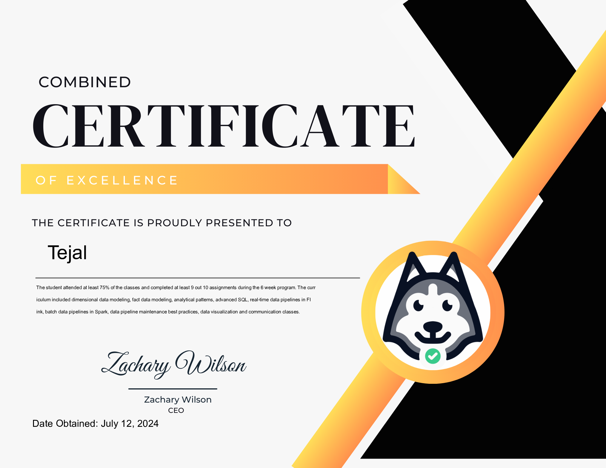 Tejal - DataEngineer.io Combined Excellence Certification