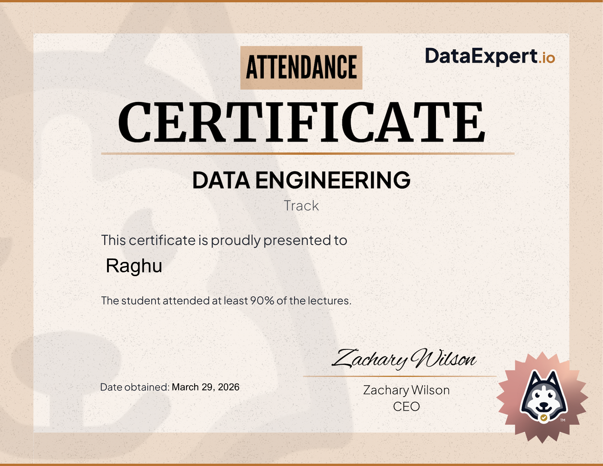 Raghu - DataExpert.io DE Attendee Certification