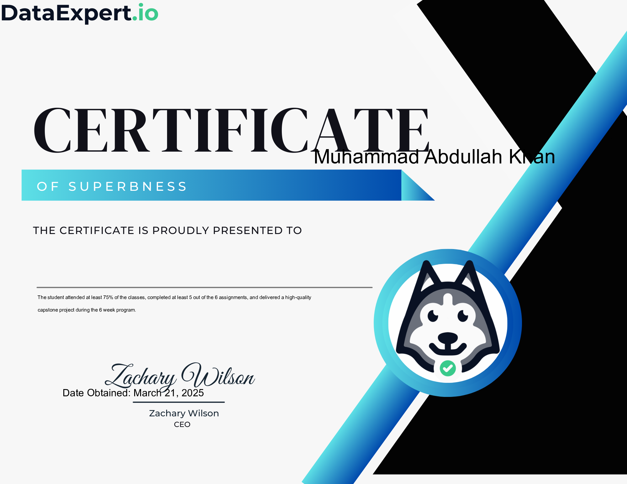 Muhammad Abdullah Khan - DataEngineer.io Combined Superb Certification