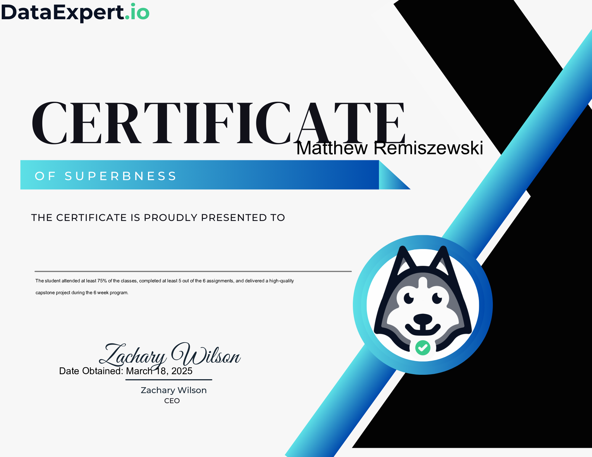 Matthew Remiszewski - DataEngineer.io Combined Superb Certification