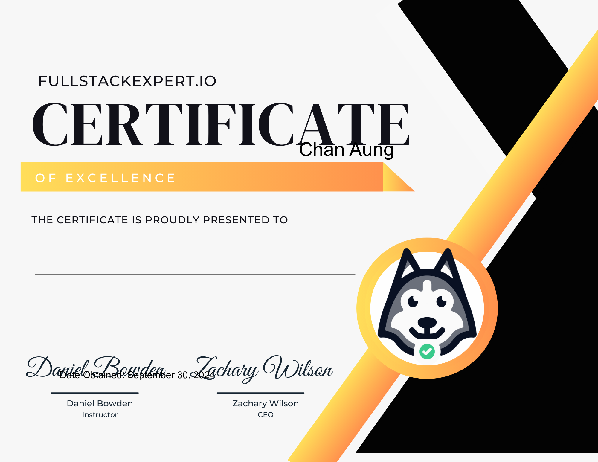 Chan Aung - FullStackExpert.io Excellence Certificate