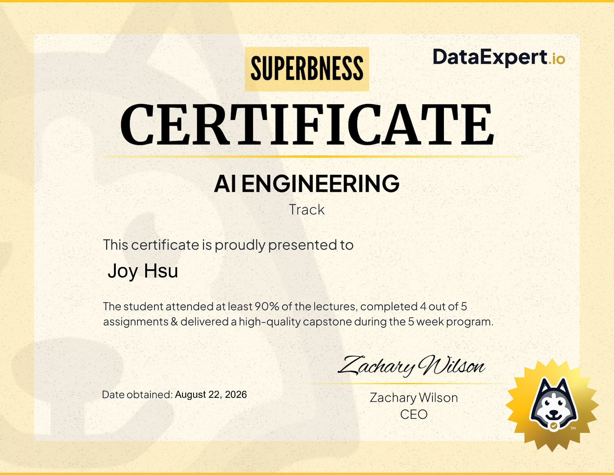 Joy Hsu - DataExpert.io AI Superb Certification