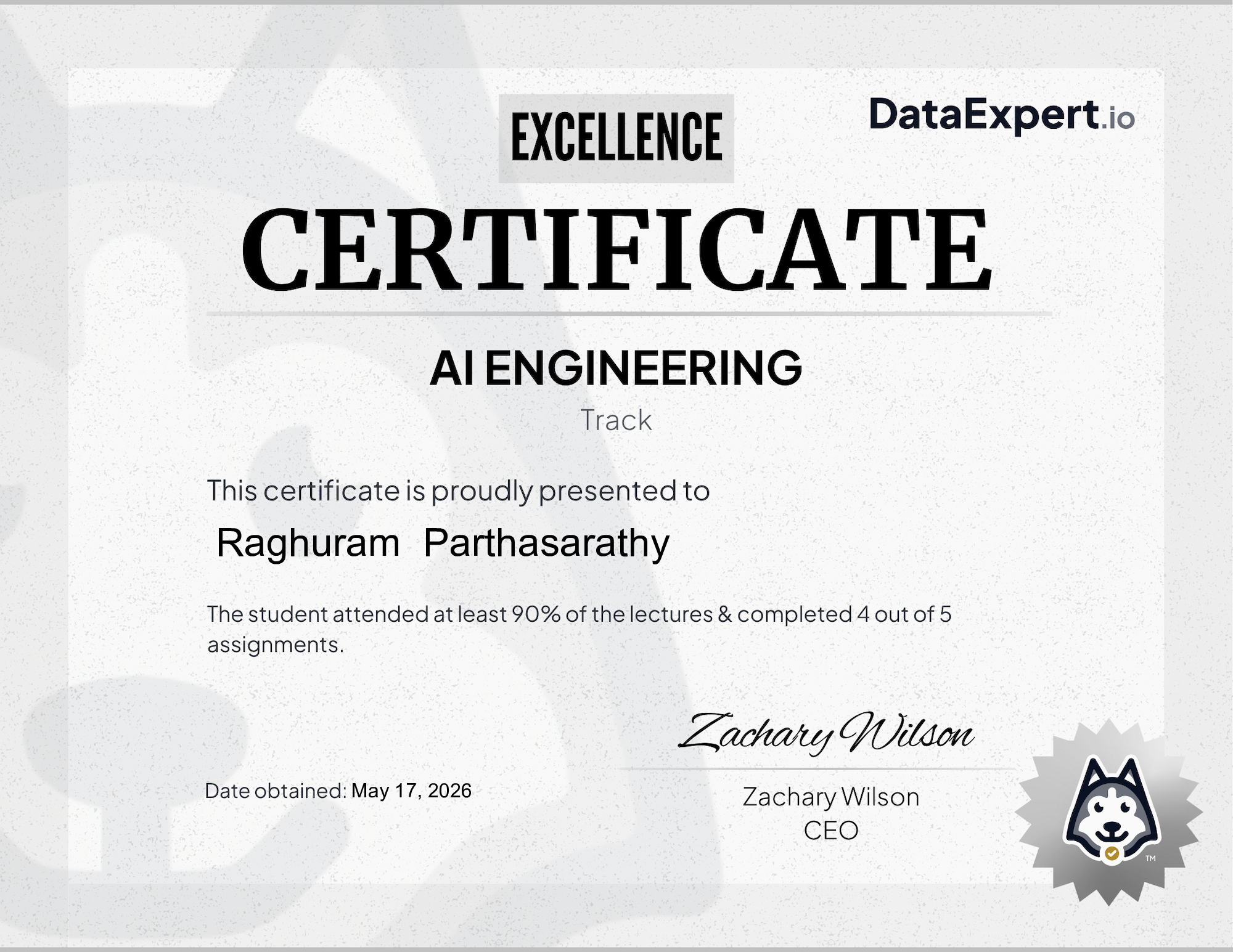 Raghuram  Parthasarathy - DataExpert.io AI Excellence Certification