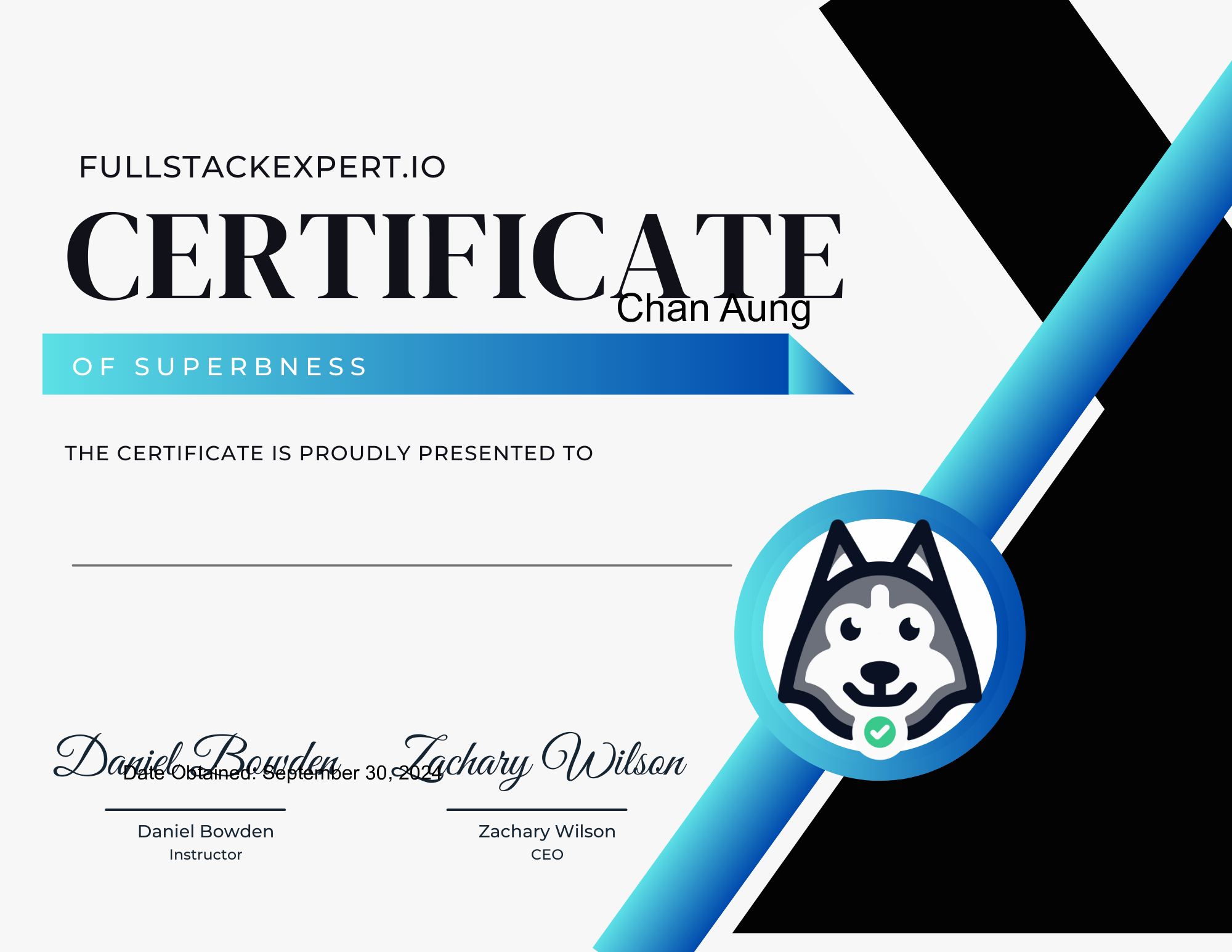 Chan Aung - FullStackExpert.io Superb Certificate