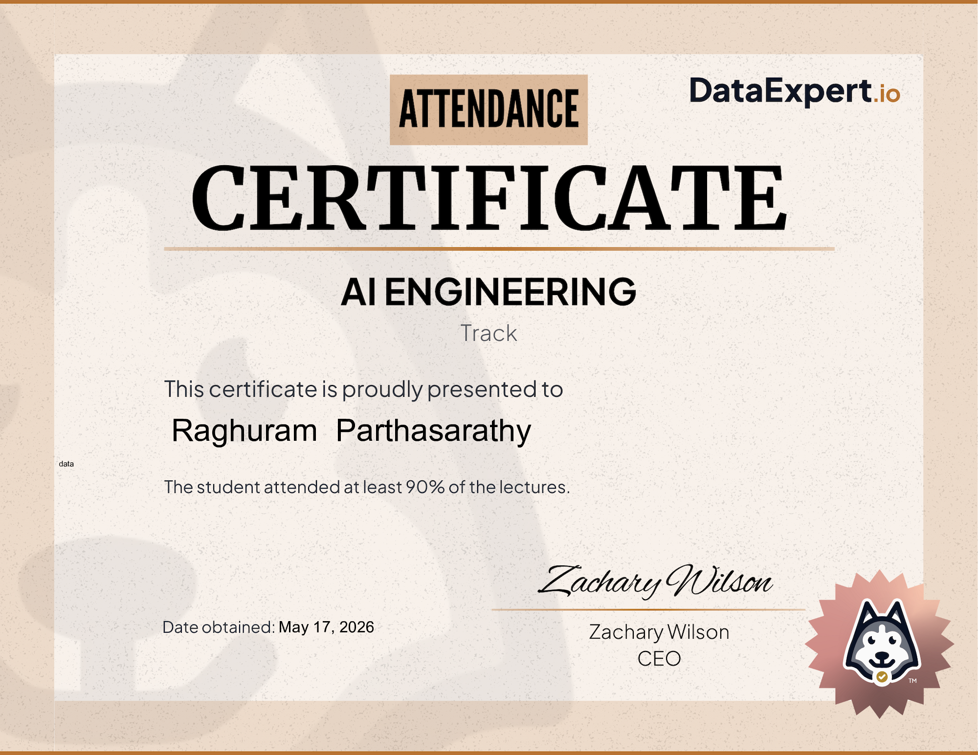 Raghuram  Parthasarathy - DataExpert.io AI Attendee Certification