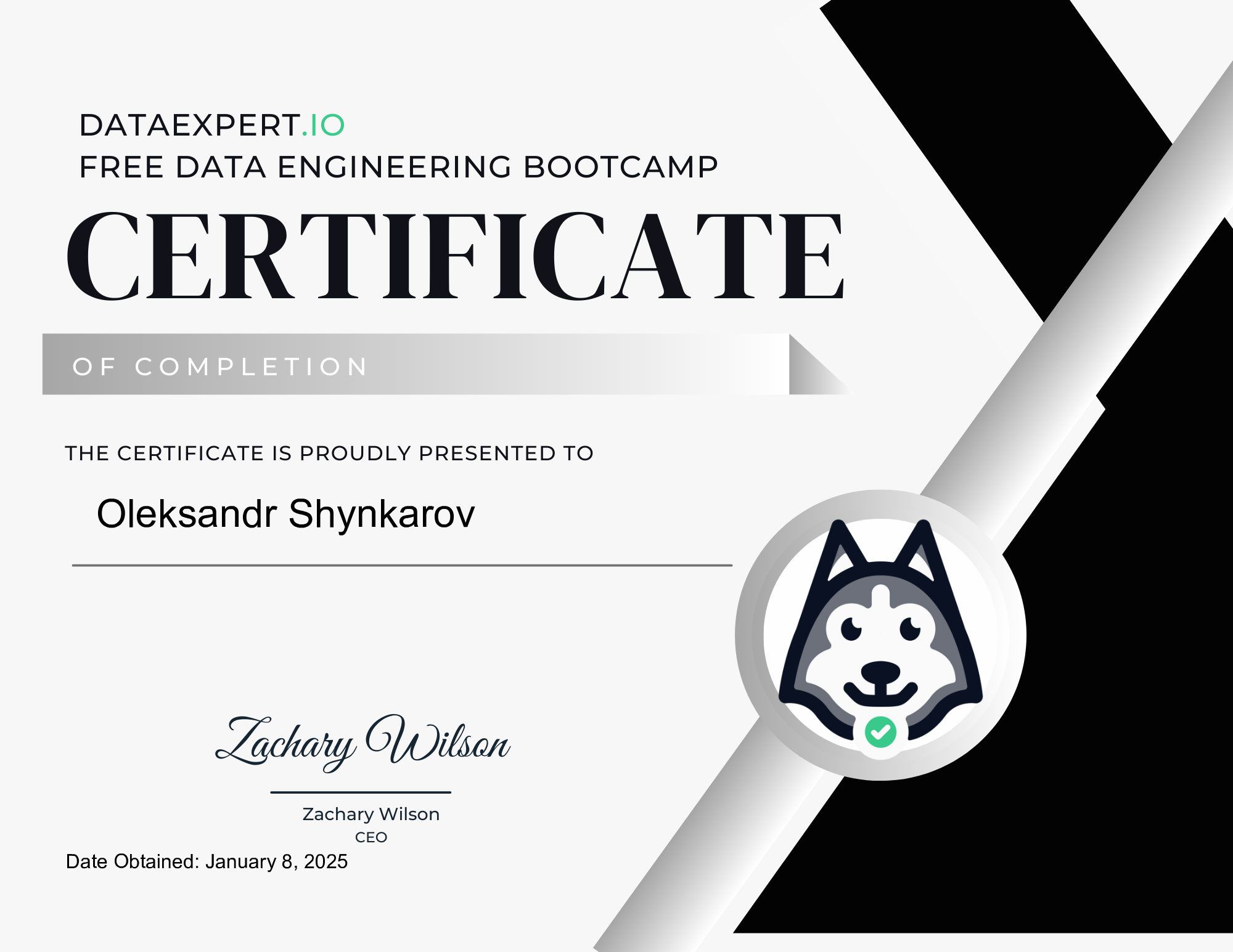 Oleksandr Shynkarov - DataExpert.io Free Data Engineering Bootcamp Certificate