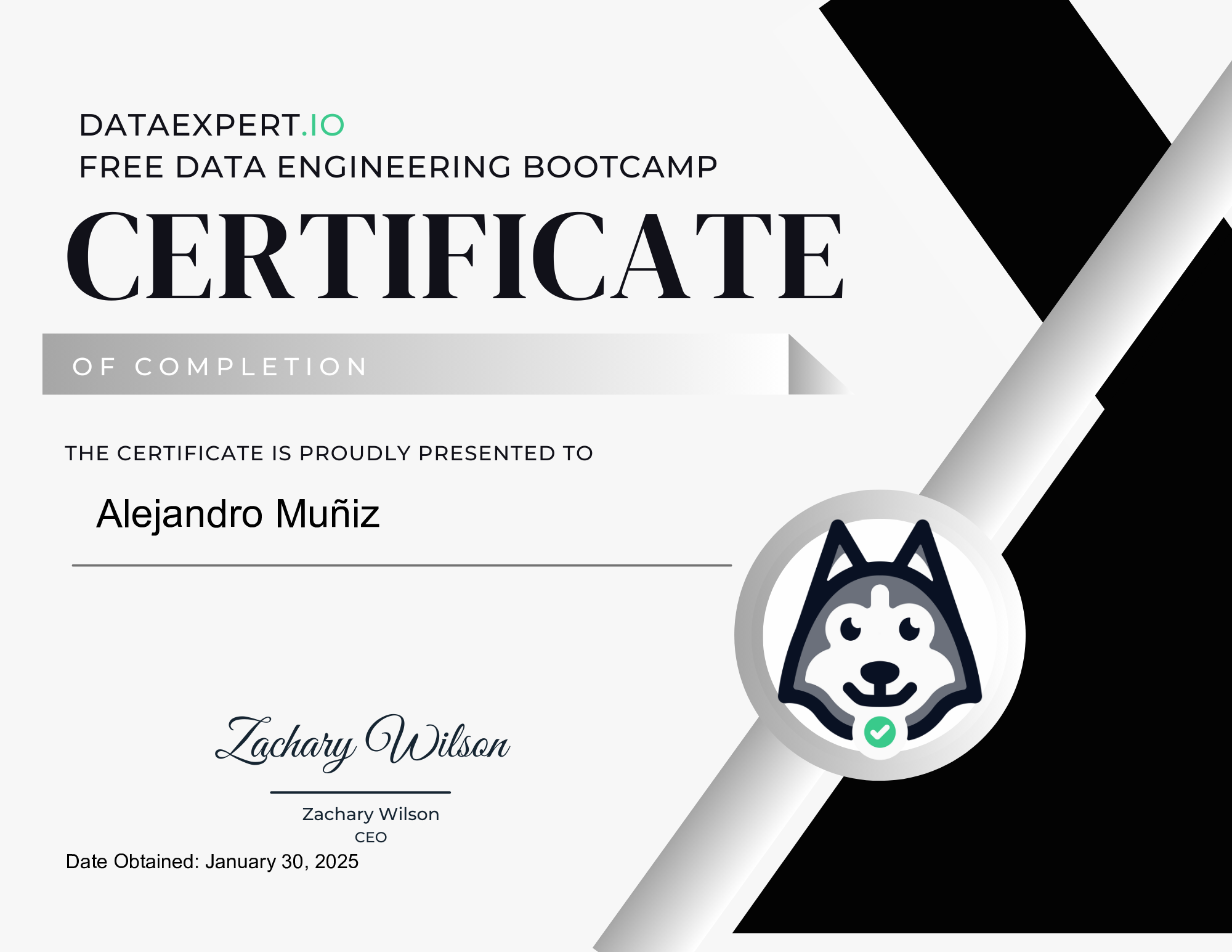 Alejandro Muñiz - DataExpert.io Free Data Engineering Bootcamp Certificate