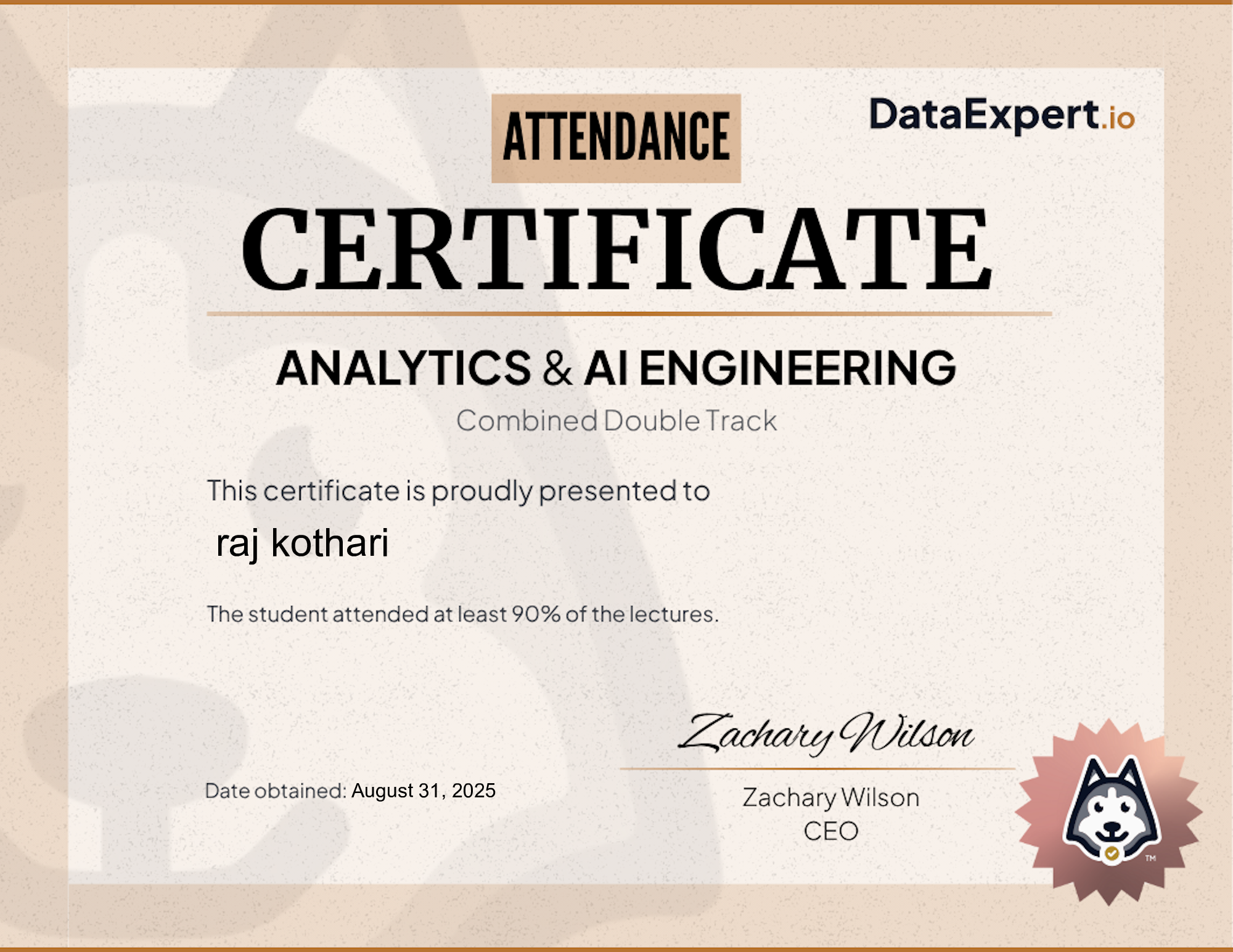 raj kothari - DataExpert.io AE+AI Attendee Certification