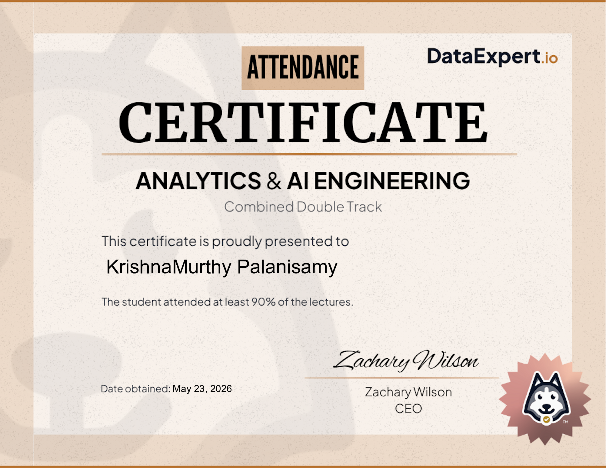 KrishnaMurthy Palanisamy - DataExpert.io AE+AI Attendee Certification