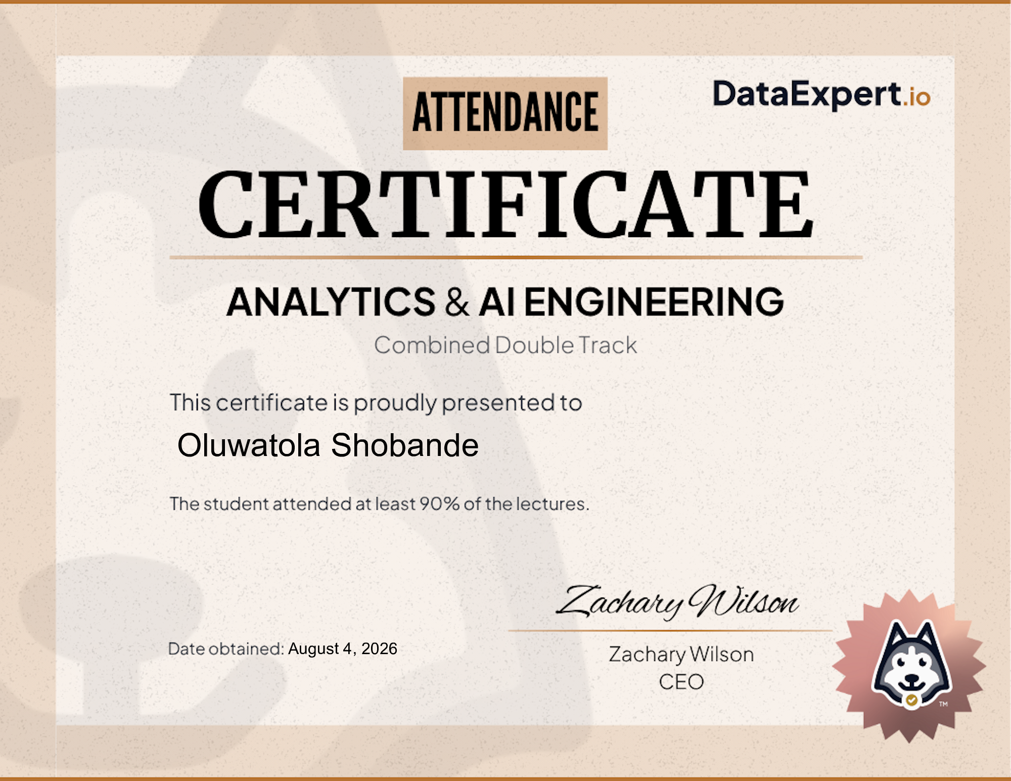 Oluwatola Shobande - DataExpert.io AE+AI Attendee Certification