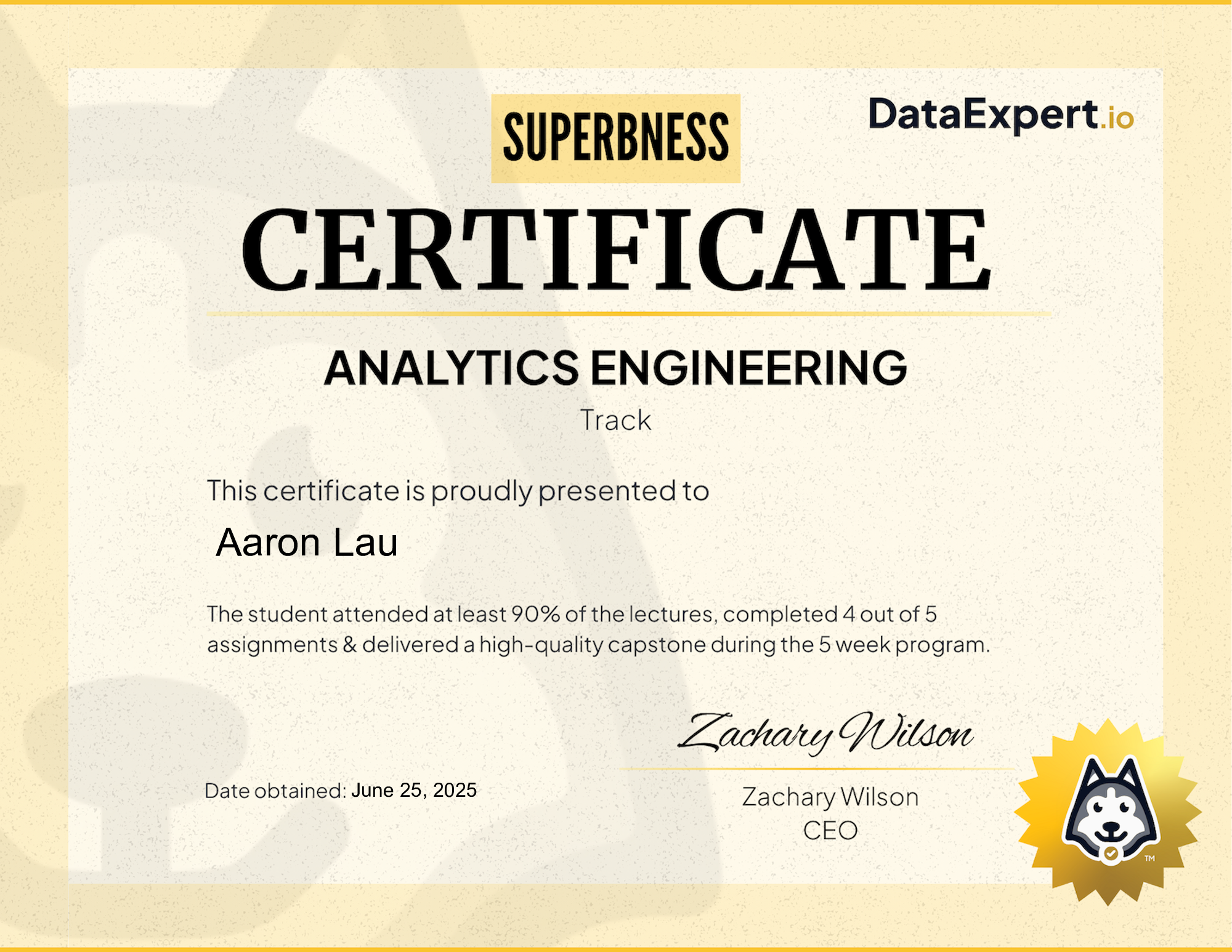 Aaron Lau - DataExpert.io AE Superb Certification