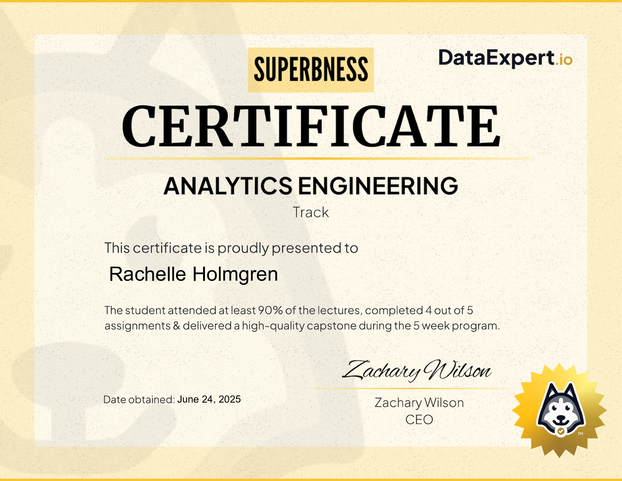 Rachelle Holmgren - DataExpert.io AE Superb Certification