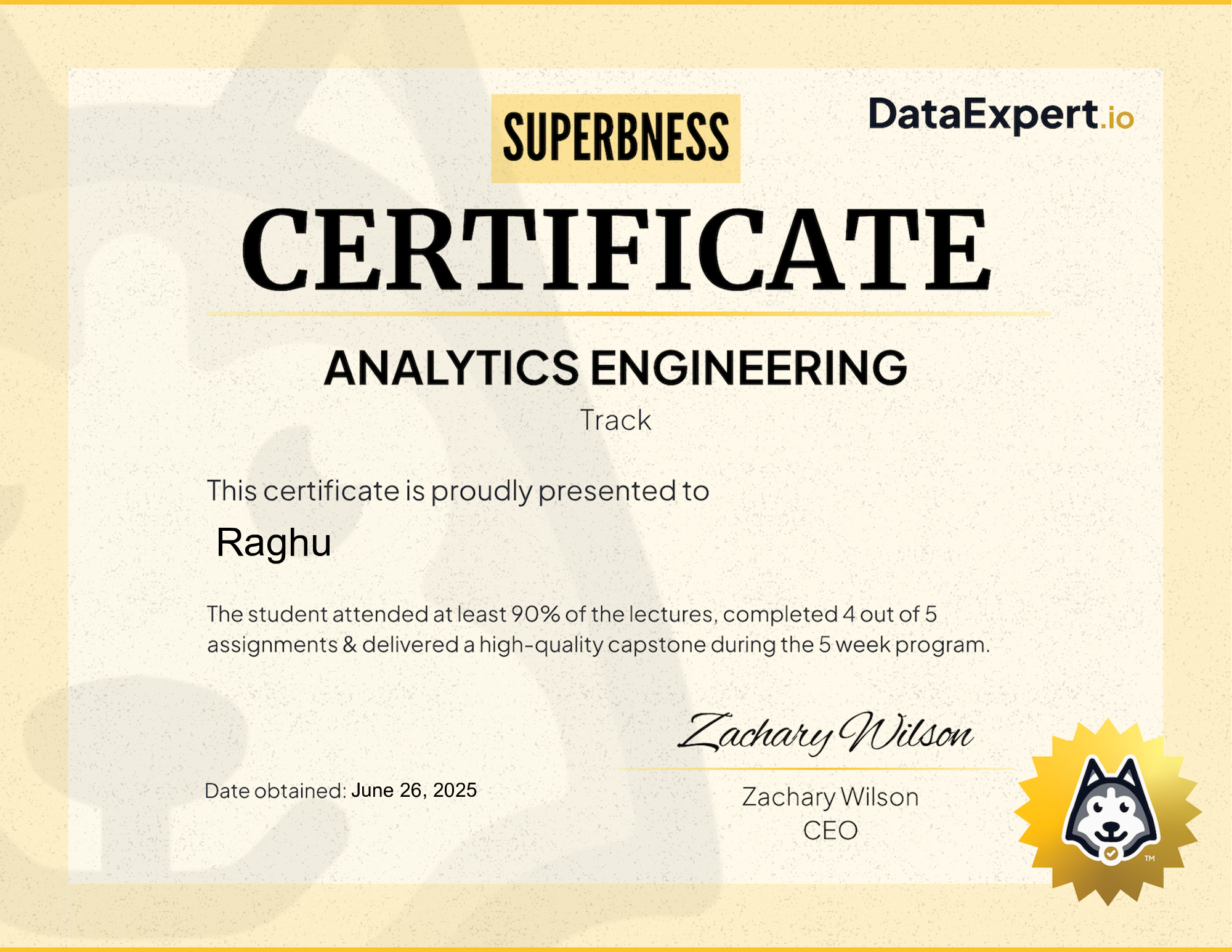 Raghu - DataExpert.io AE Superb Certification