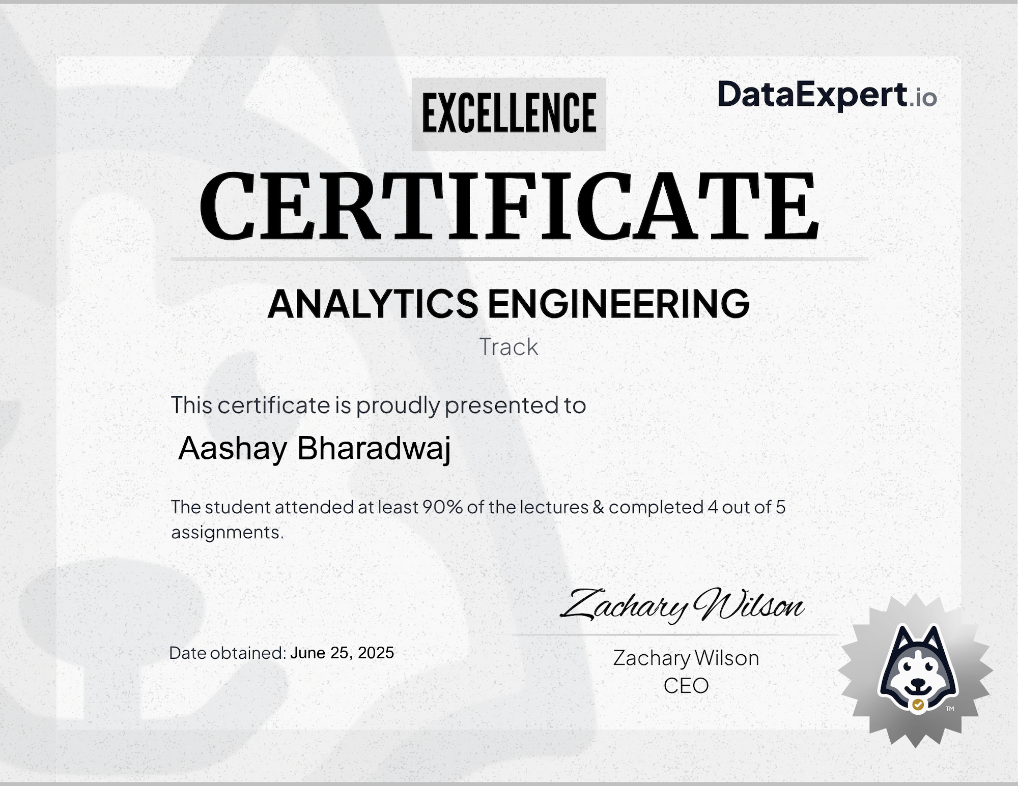 Aashay Bharadwaj - DataExpert.io AE Excellence Certification