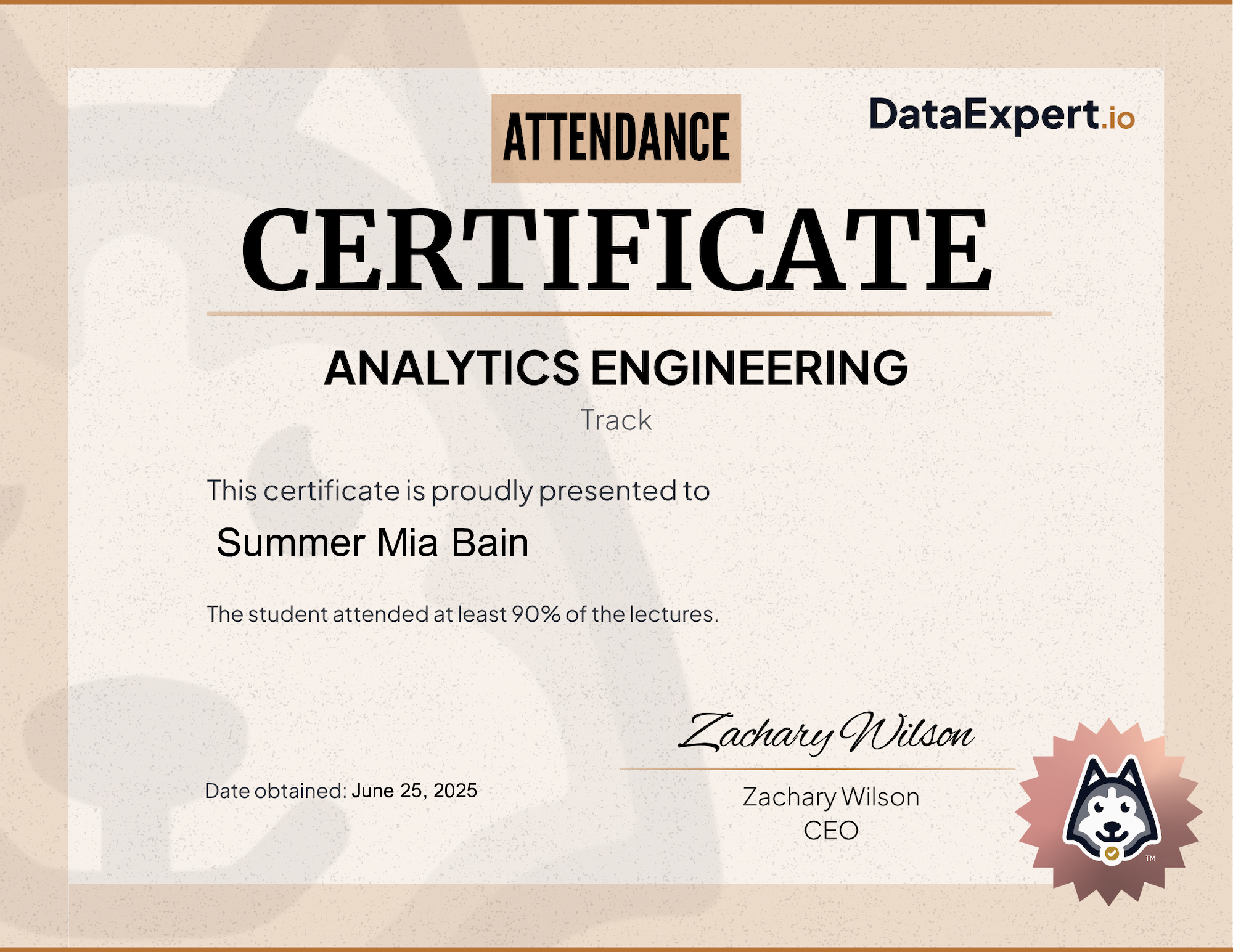 Summer Mia Bain - DataExpert.io AE Attendee Certification