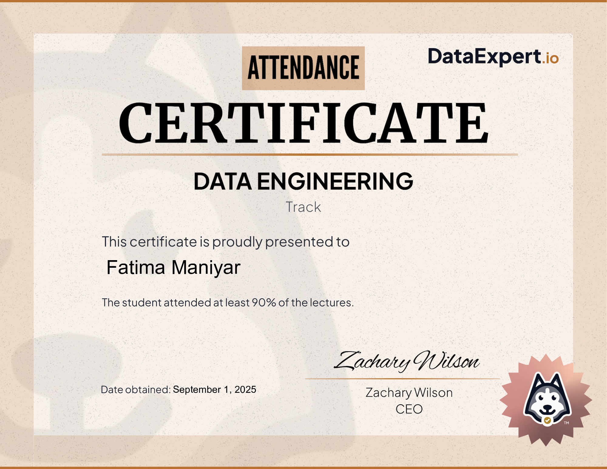 Fatima Maniyar - DataExpert.io DE Attendee Certification