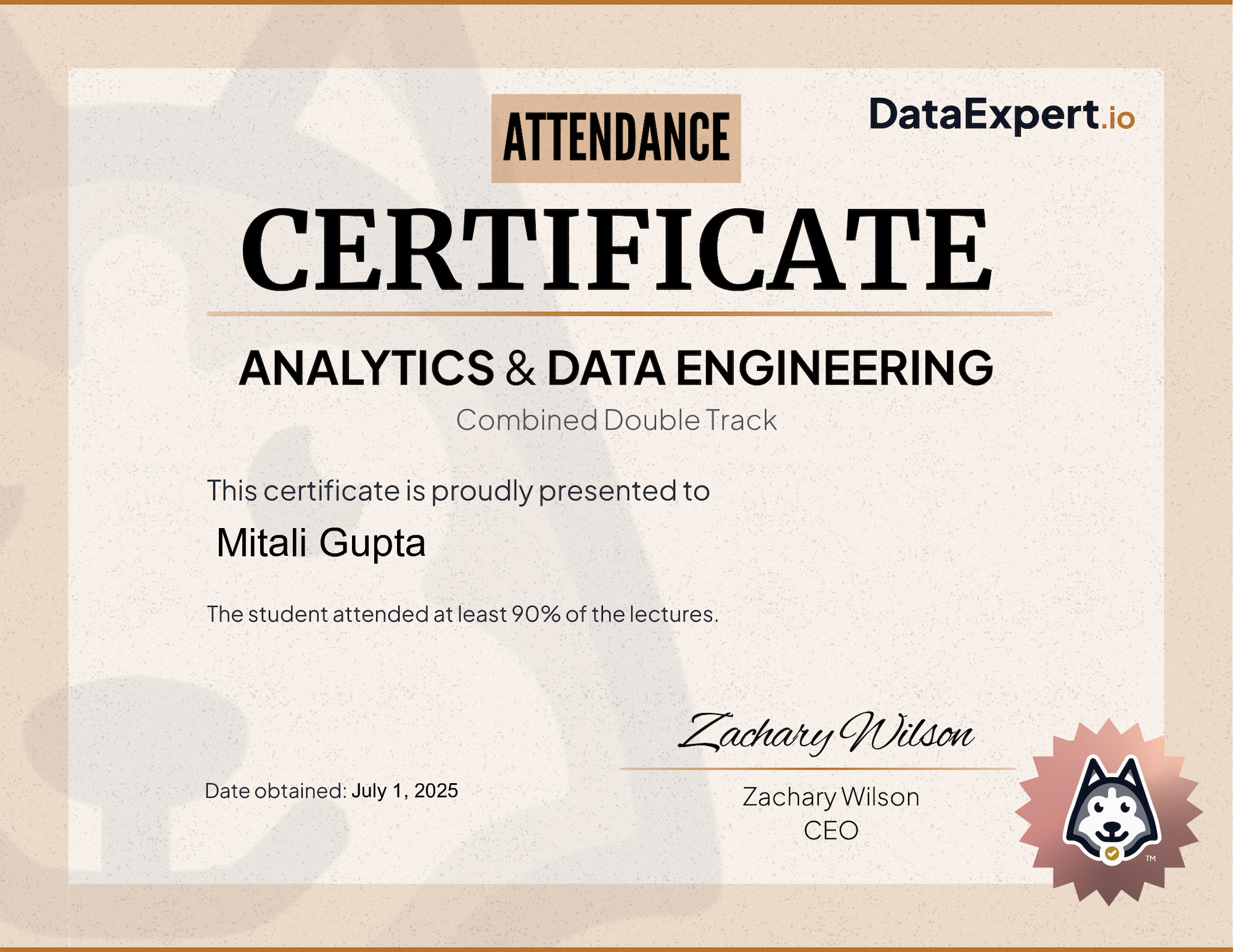 Mitali Gupta - DataExpert.io AE+DE Attendee Certification