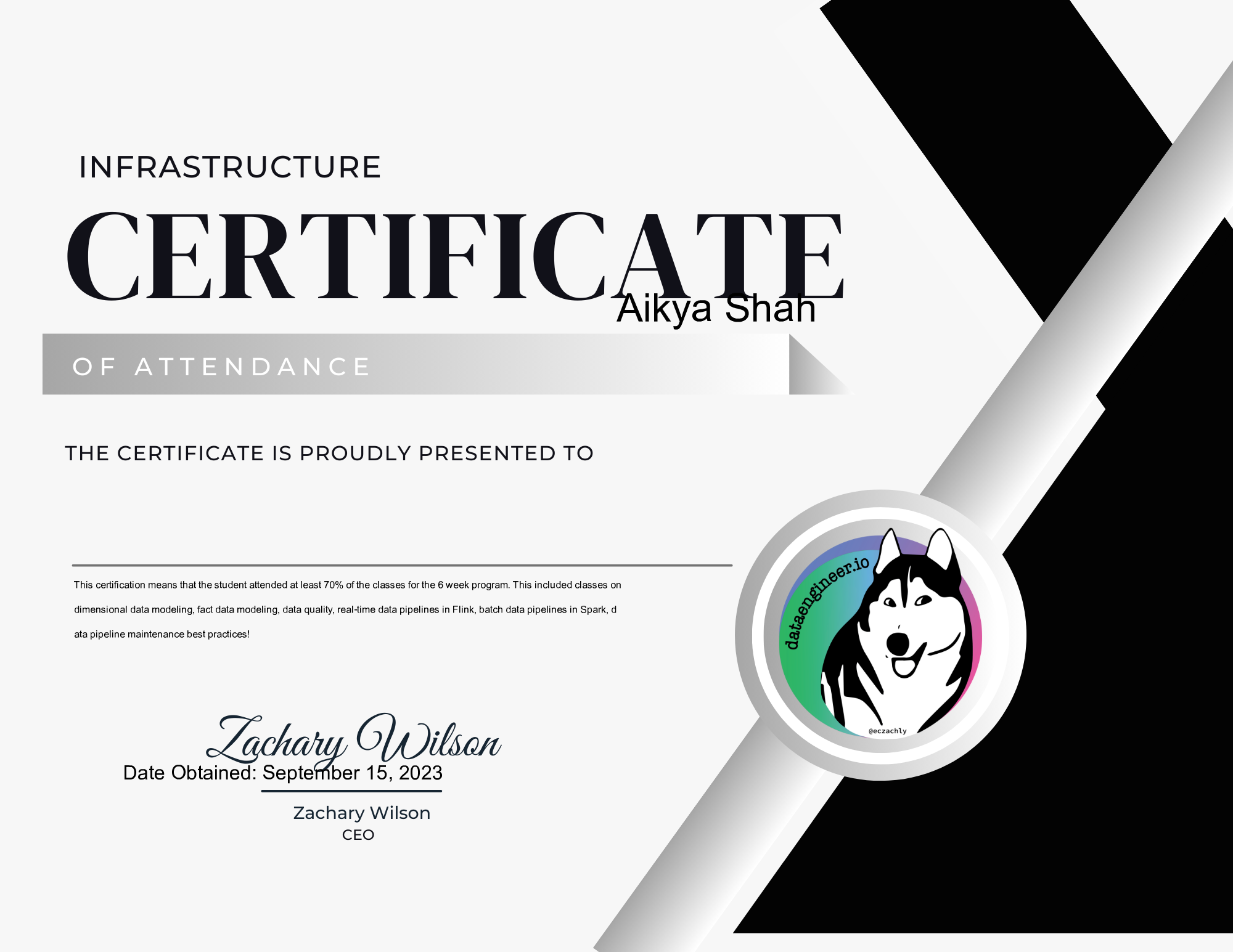 Aikya Shah - EcZachly Inc Second Boot camp Infrastructure Attendee Certificate