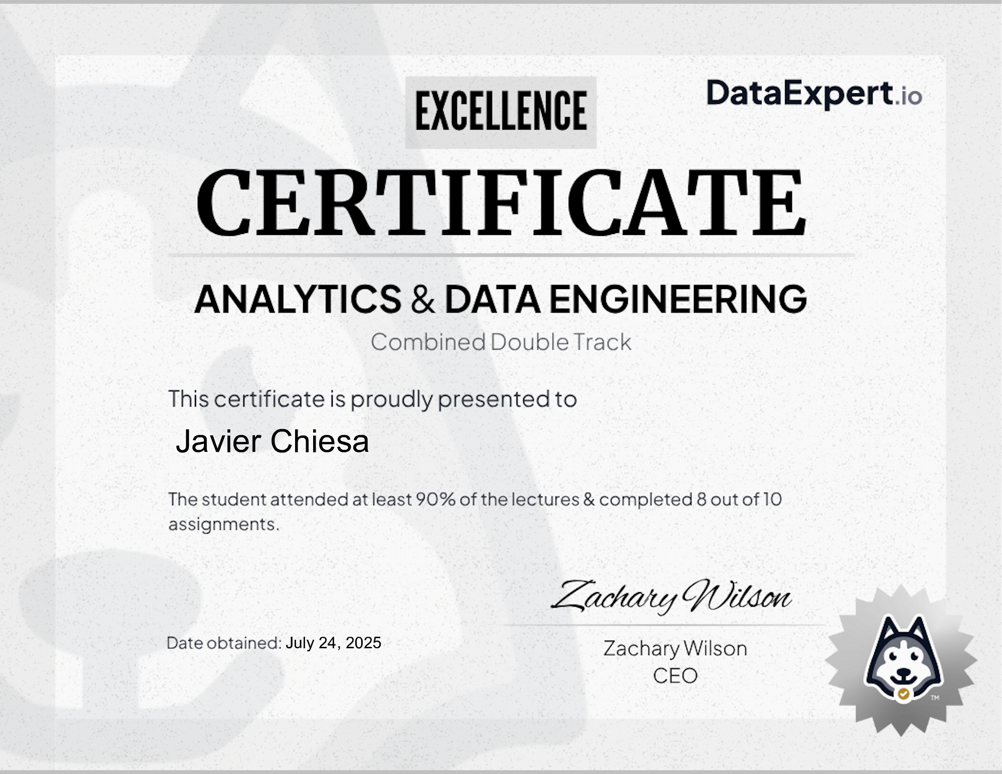 Javier Chiesa - DataExpert.io AE+DE Excellence Certification