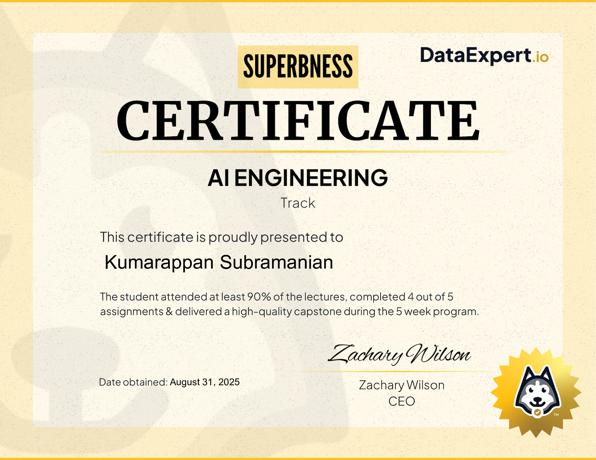 Kumarappan Subramanian - DataExpert.io AI Superb Certification