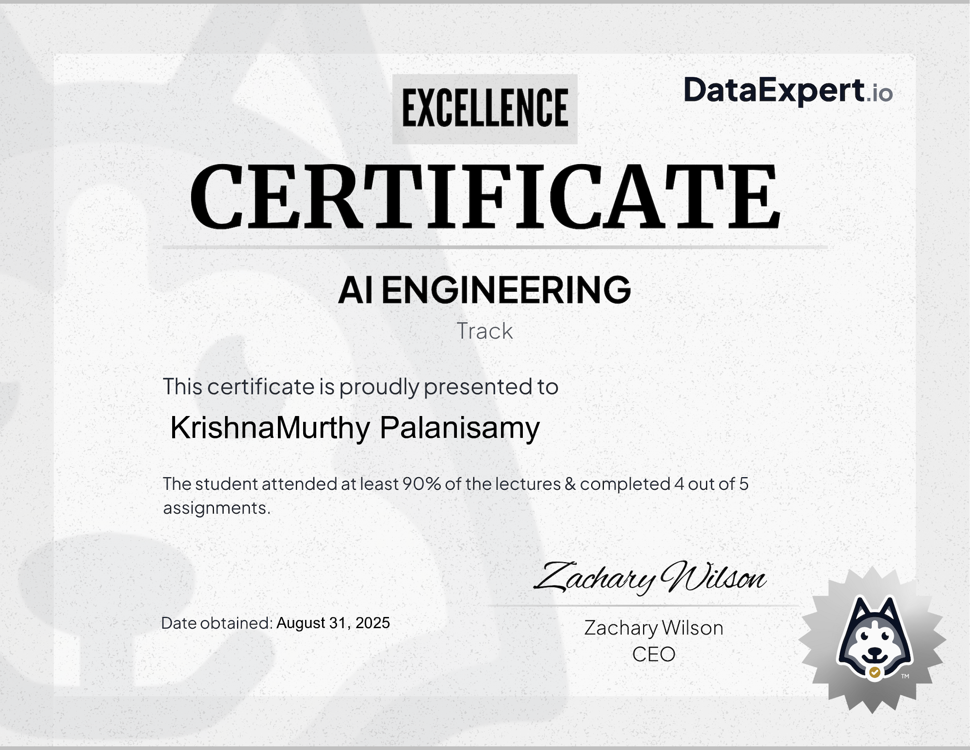 KrishnaMurthy Palanisamy - DataExpert.io AI Excellence Certification