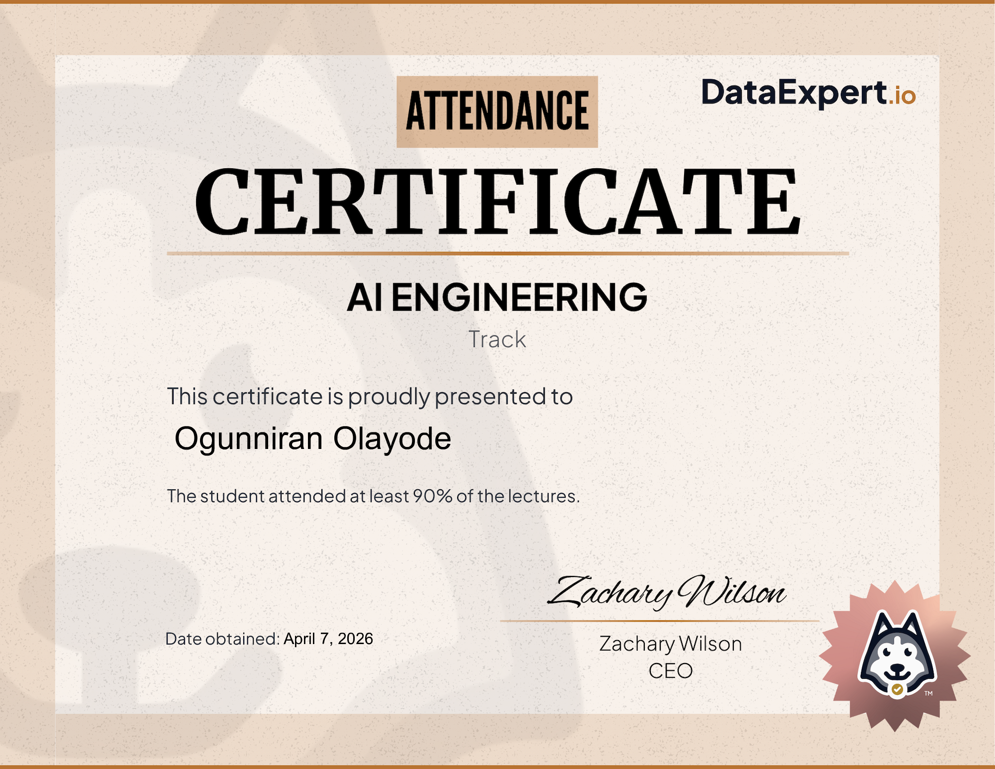 Ogunniran Olayode - DataExpert.io AI Attendee Certification