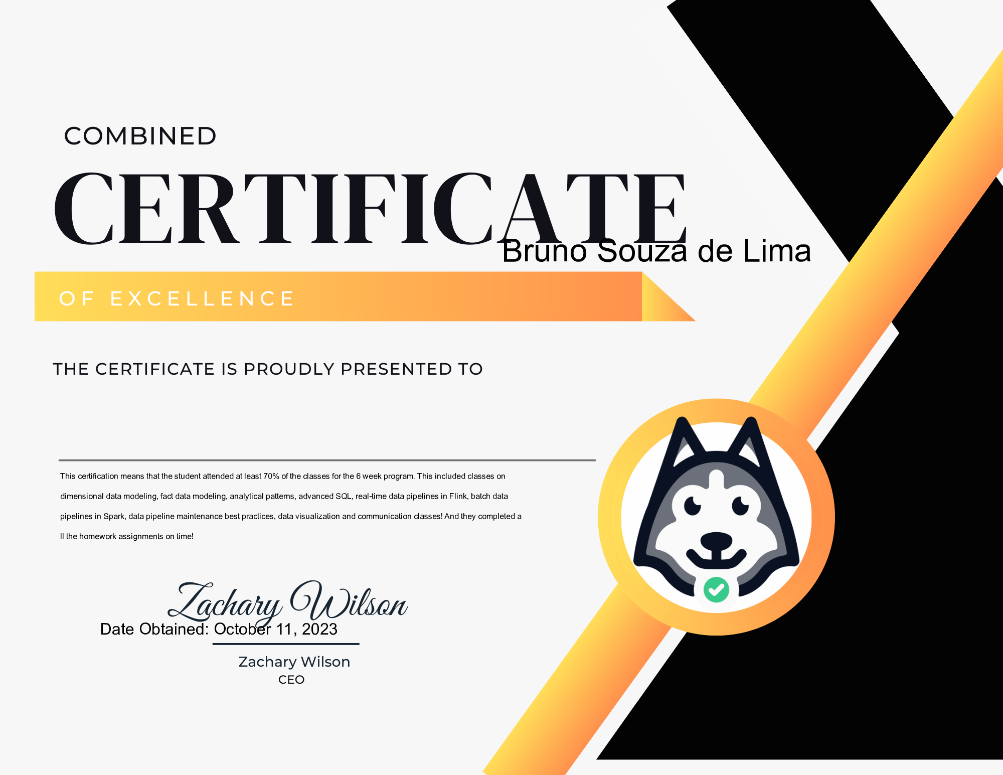 Bruno Souza de Lima - EcZachly Inc Second Boot camp Combined Excellence Certificate