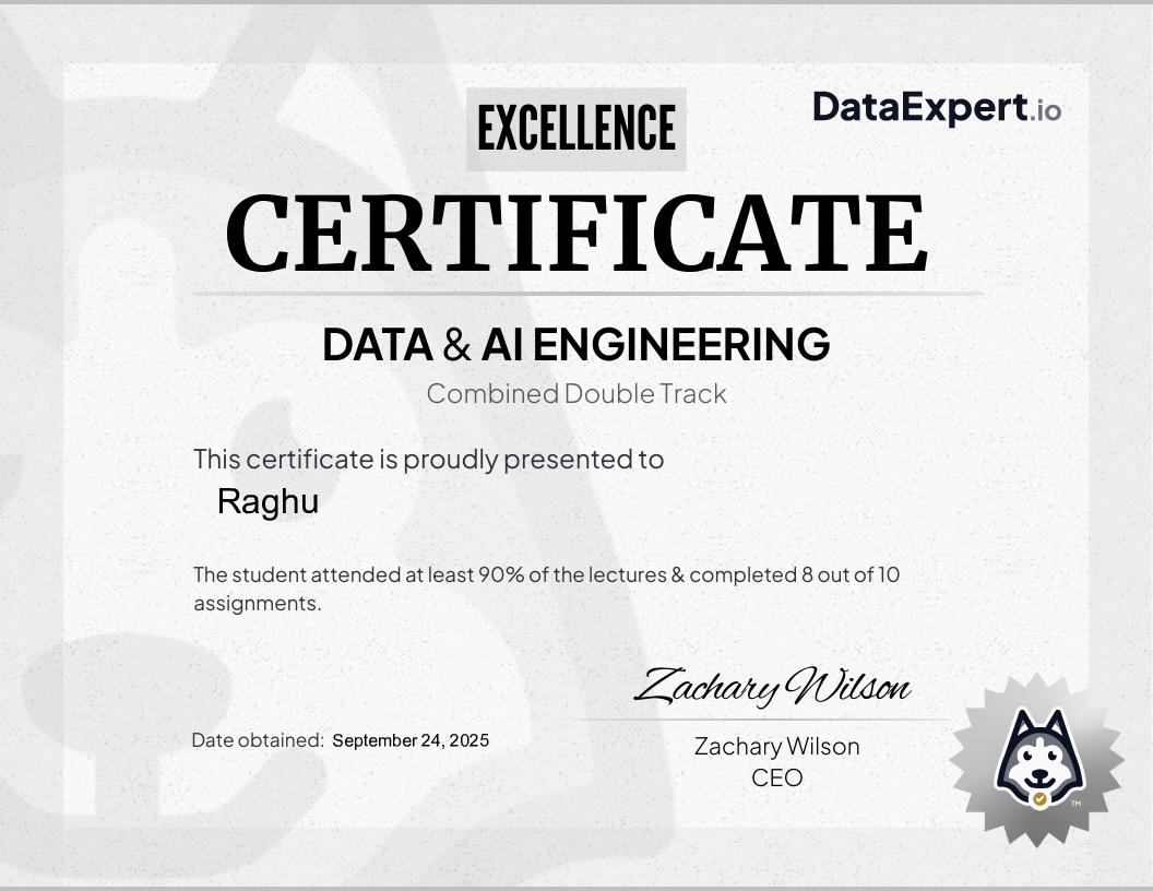 Raghu - DataExpert.io DE+AI Excellence Certification