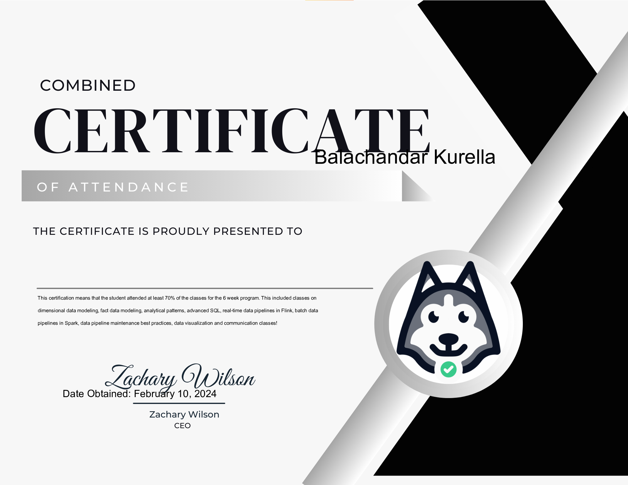 Balachandar Kurella - DataEngineer.io Combined Attendee Certification