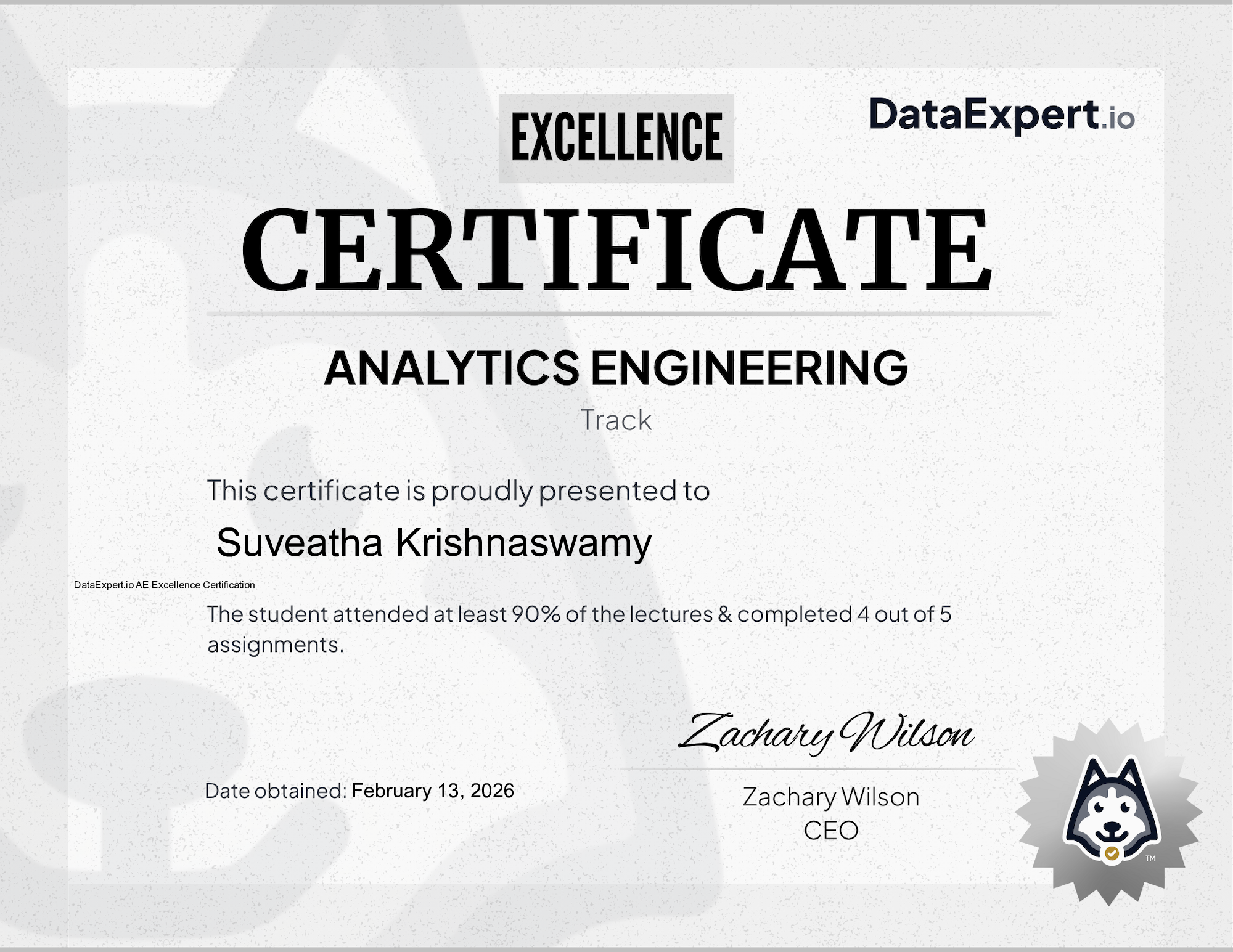 Suveatha Krishnaswamy - DataExpert.io AE Excellence Certification