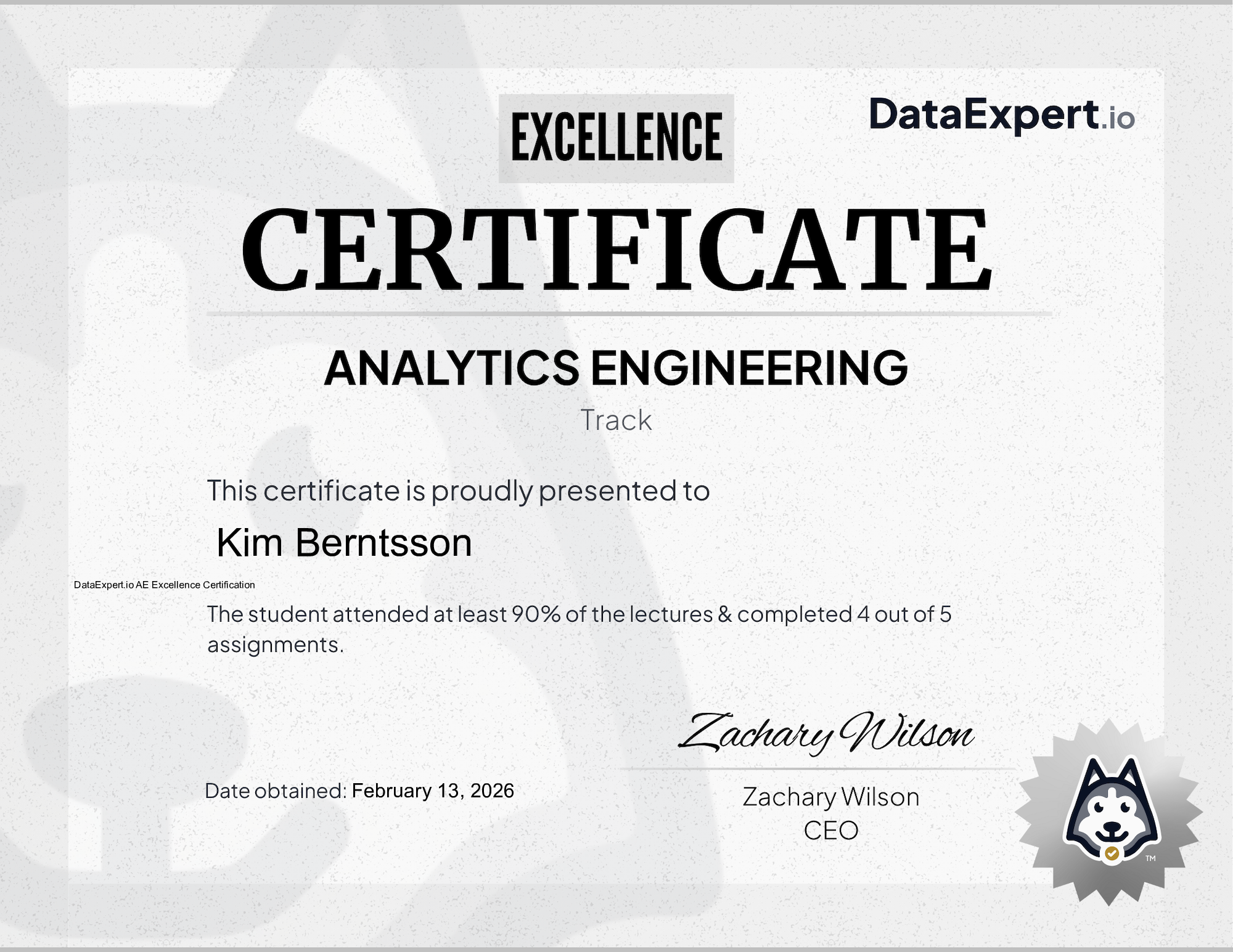 Kim Berntsson - DataExpert.io AE Excellence Certification