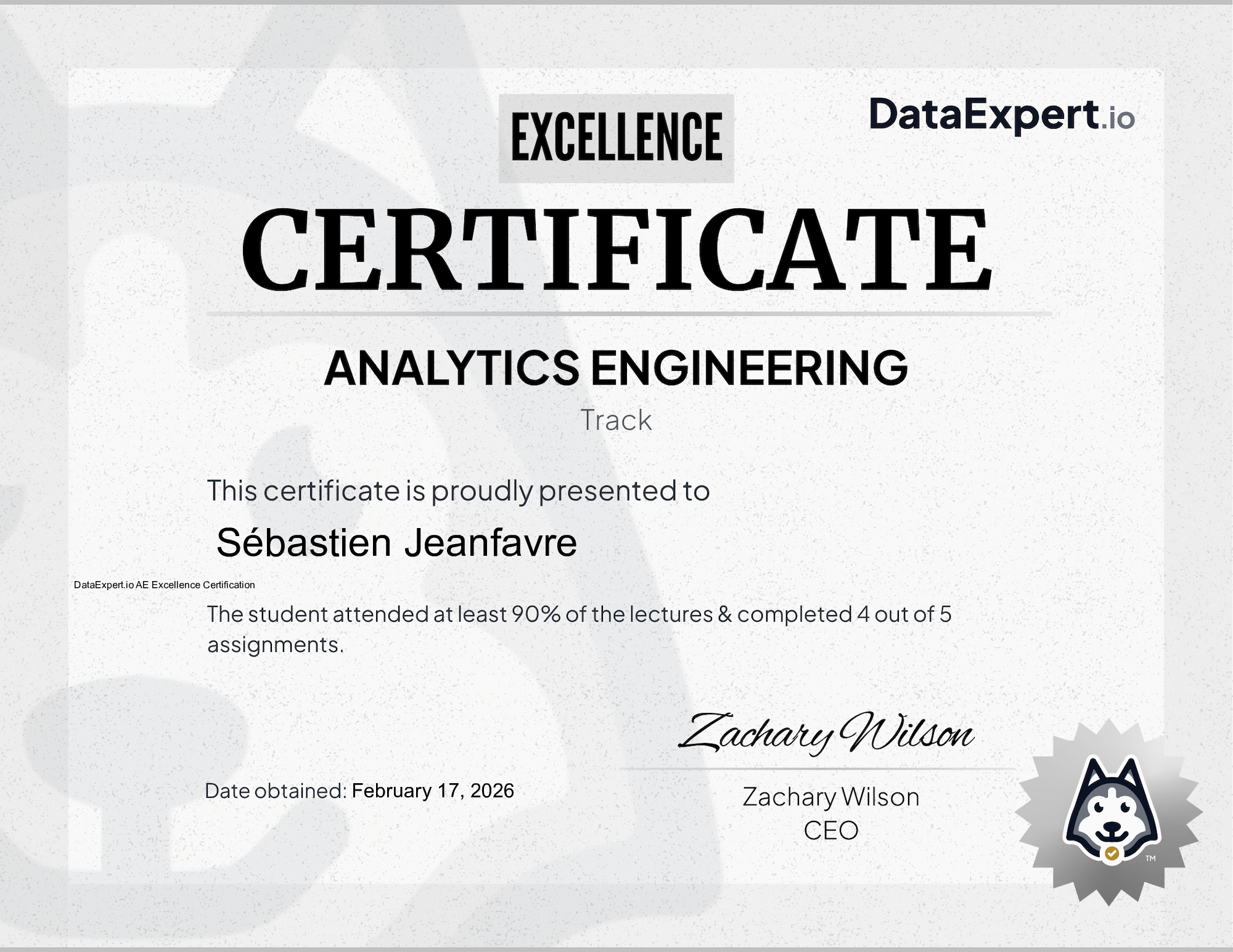Sébastien Jeanfavre - DataExpert.io AE Excellence Certification