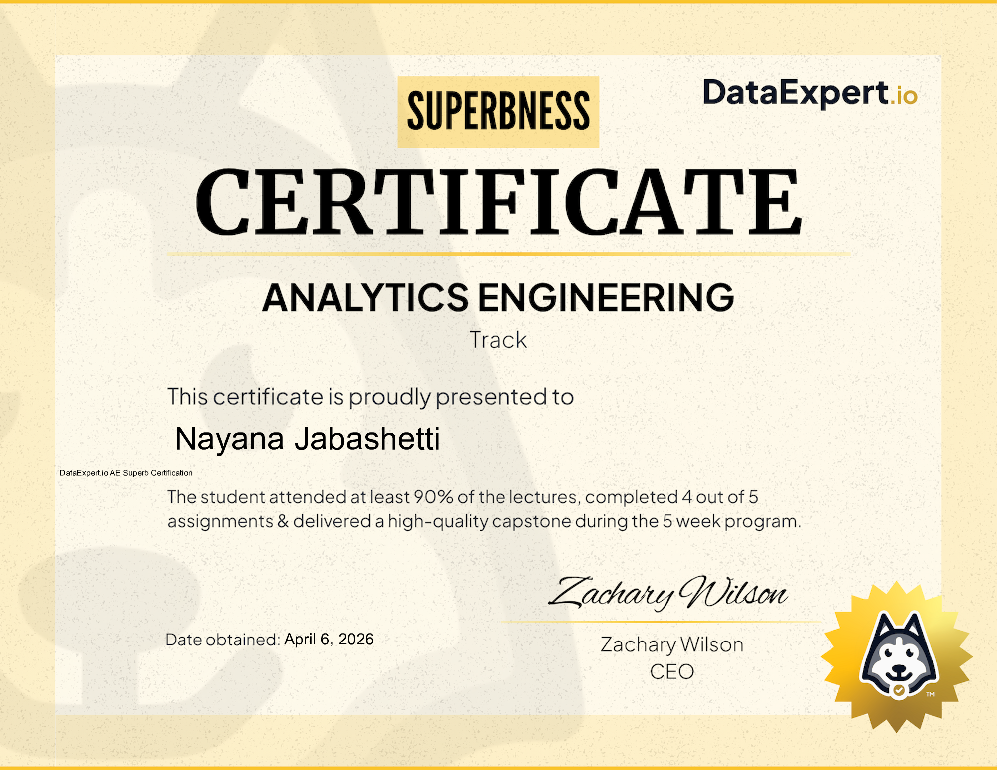 Nayana Jabashetti - DataExpert.io AE Superb Certification