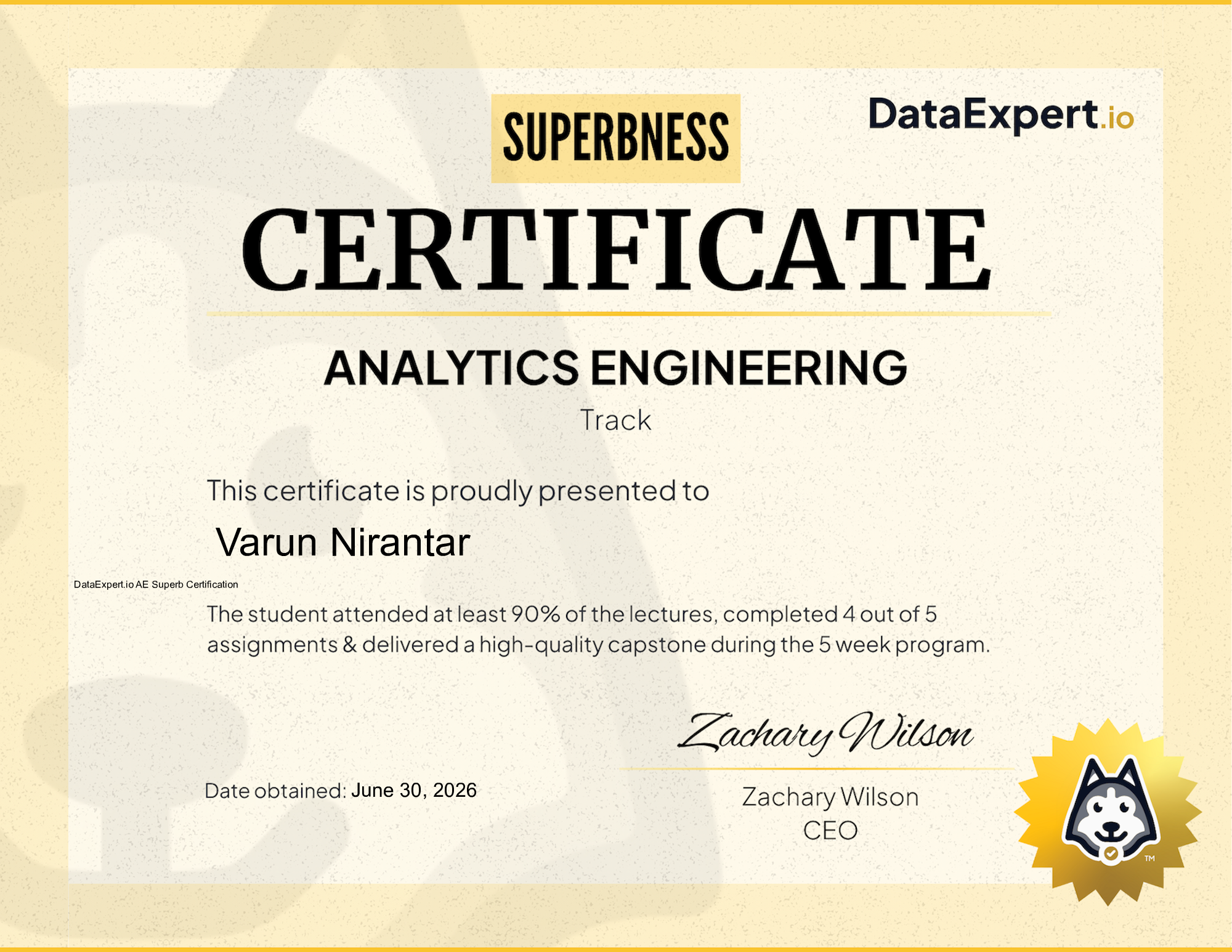 Varun Nirantar - DataExpert.io AE Superb Certification