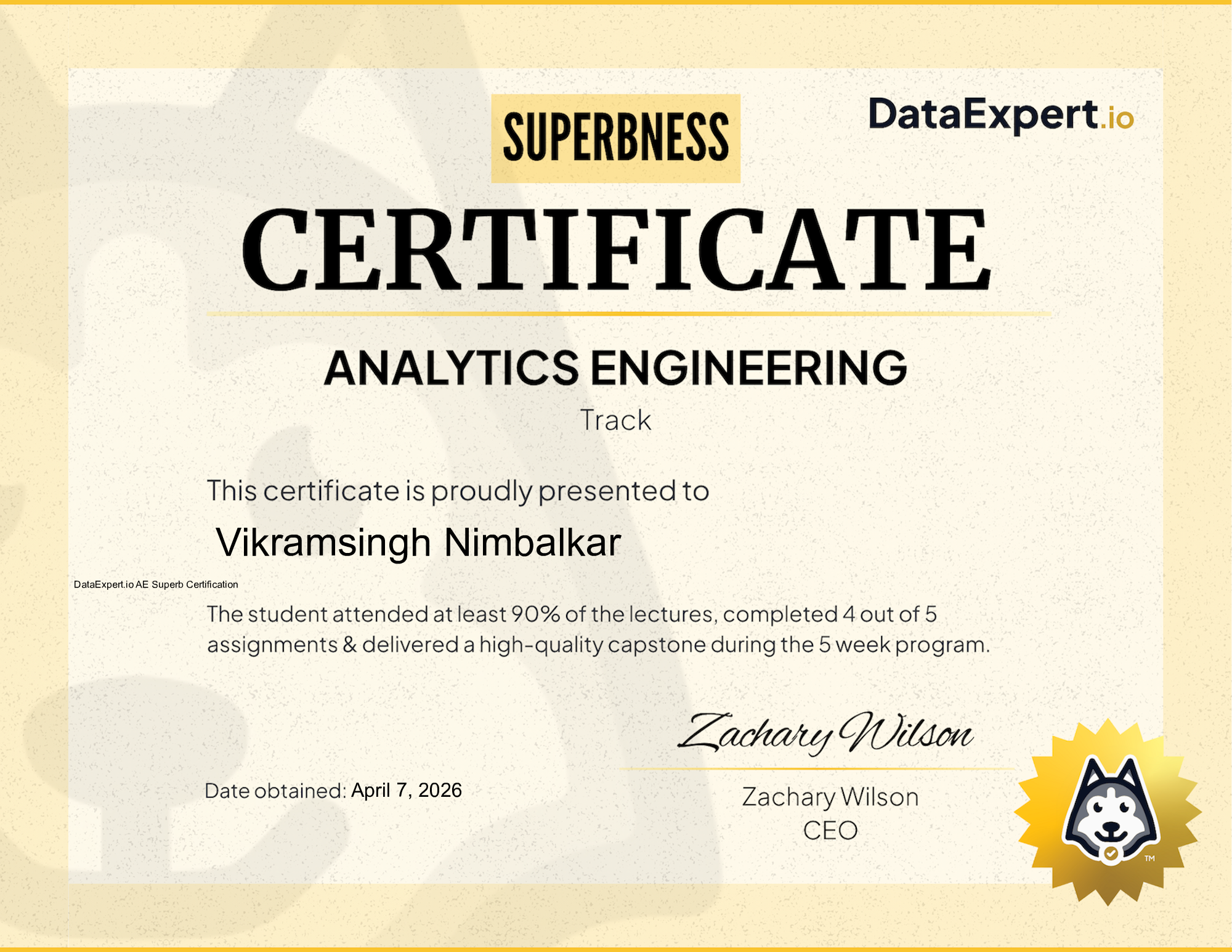Vikramsingh Nimbalkar - DataExpert.io AE Superb Certification